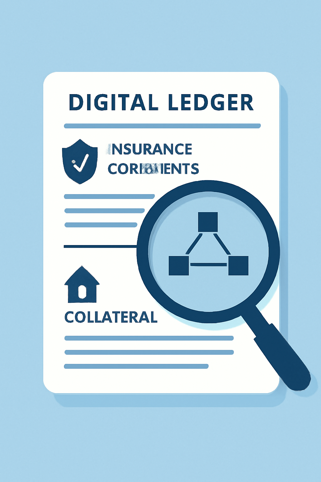 A digital ledger showing insurance contracts and collateral, with a magnifying glass highlighting transparency and blockchain connections.