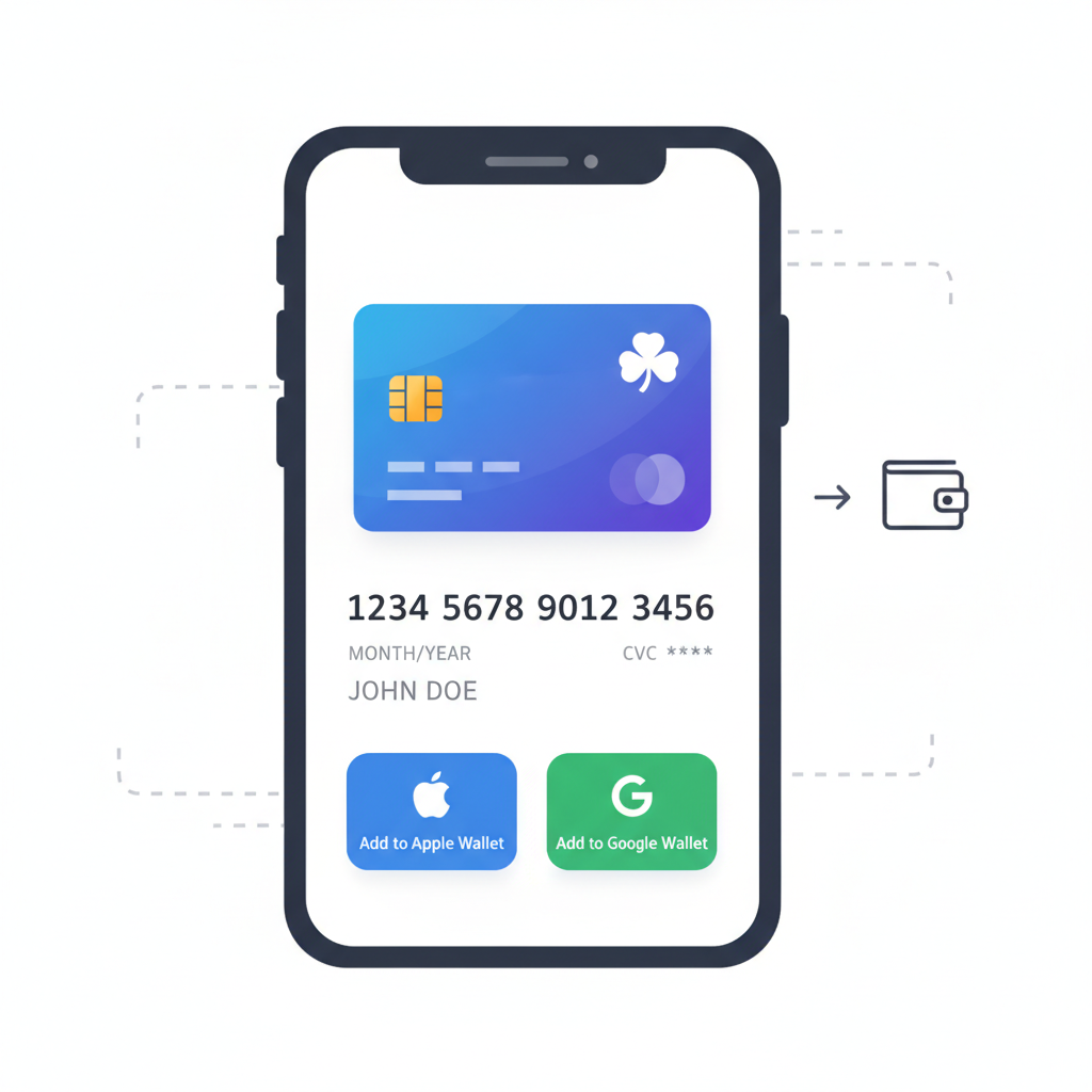 virtual debit card details screen with add to wallet buttons