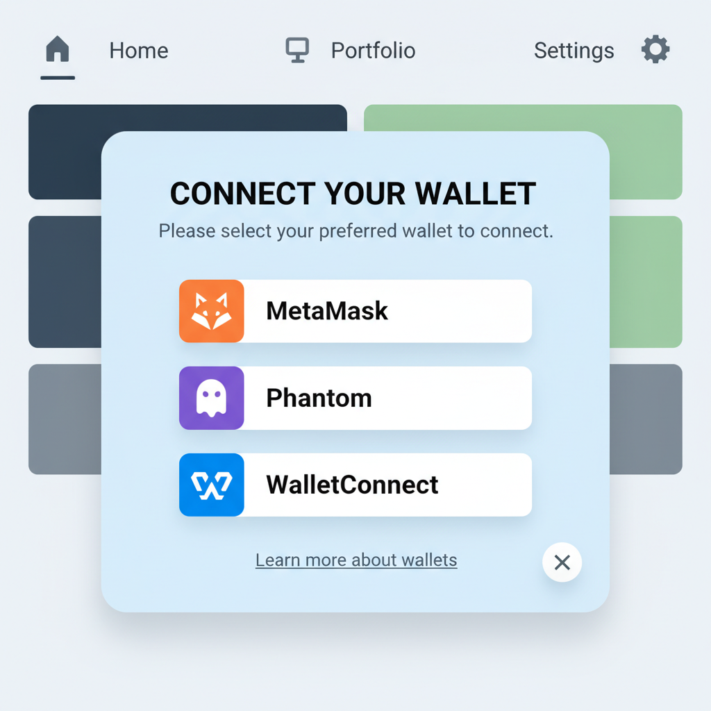 wallet connection modal on crypto dashboard, buttons for MetaMask Phantom WalletConnect