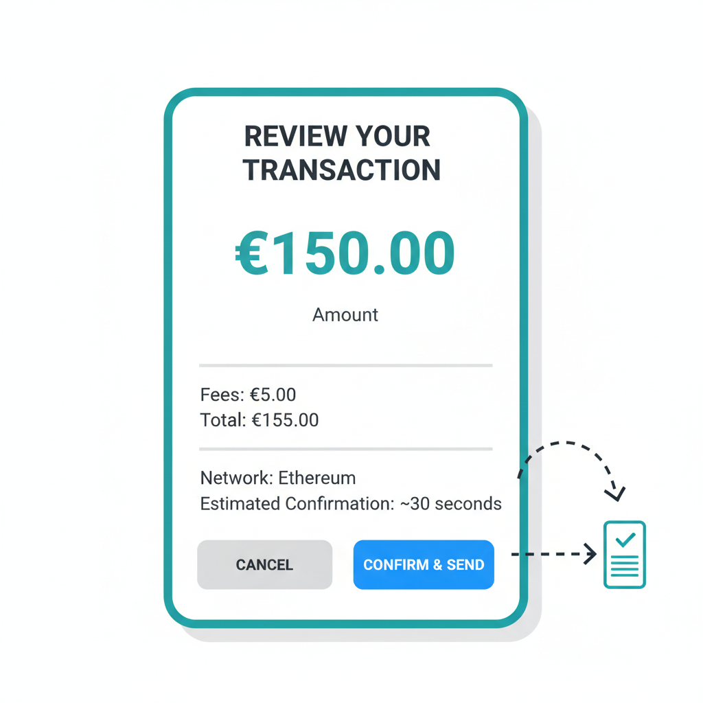 transaction review screen with amount fees network details