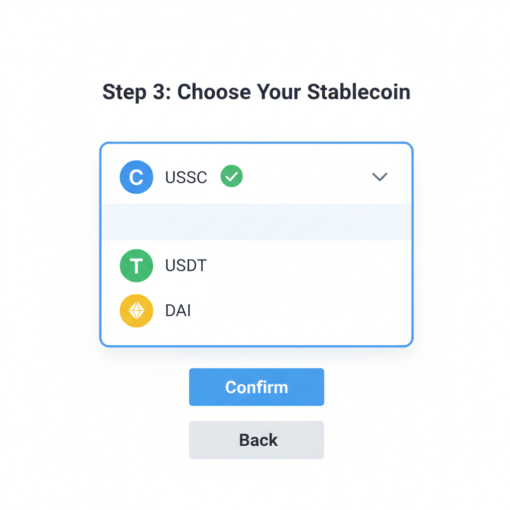 dropdown menu selecting USDC USDT DAI on stablecoin funding page