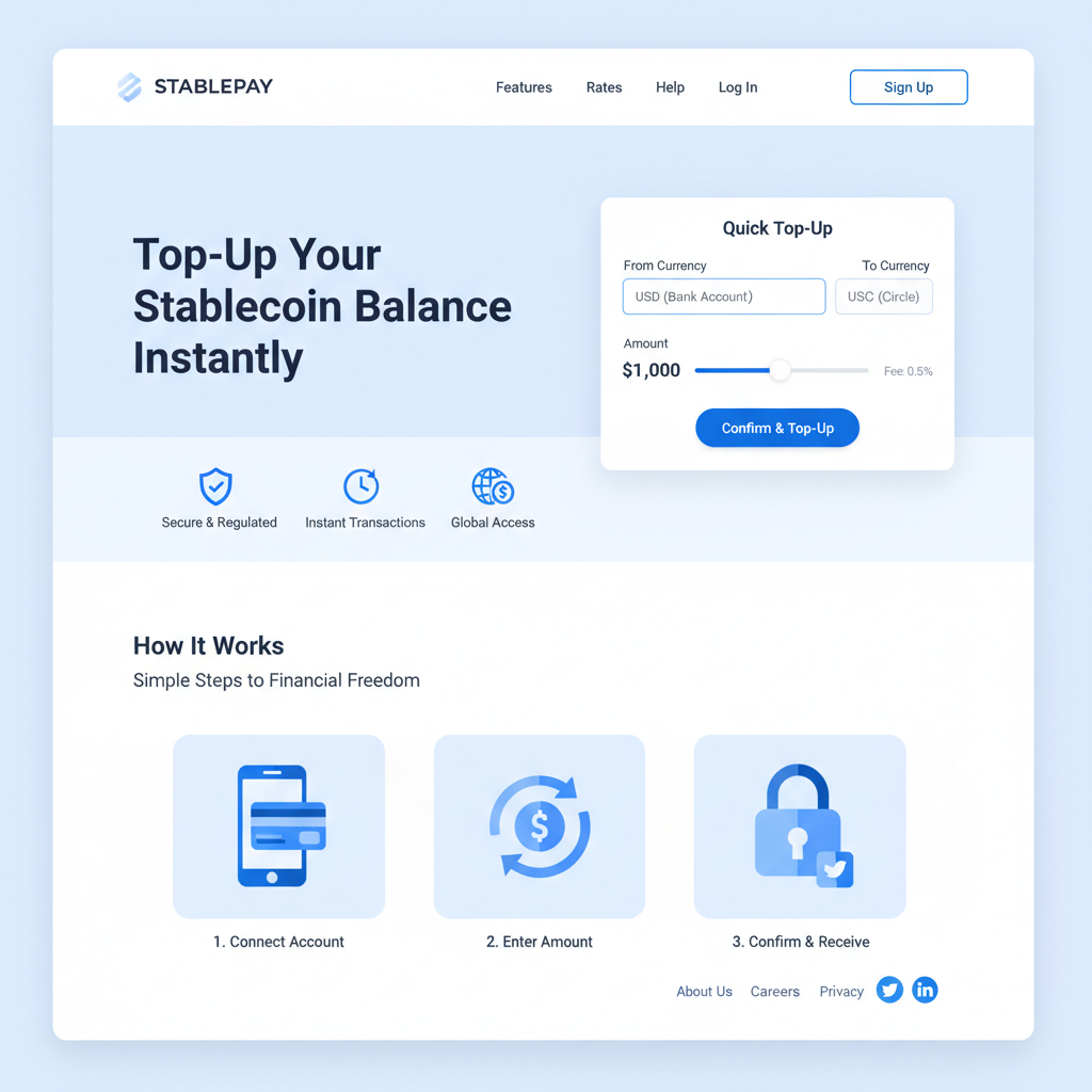 modern crypto website landing page with stablecoin top-up interface, clean design, blue tones