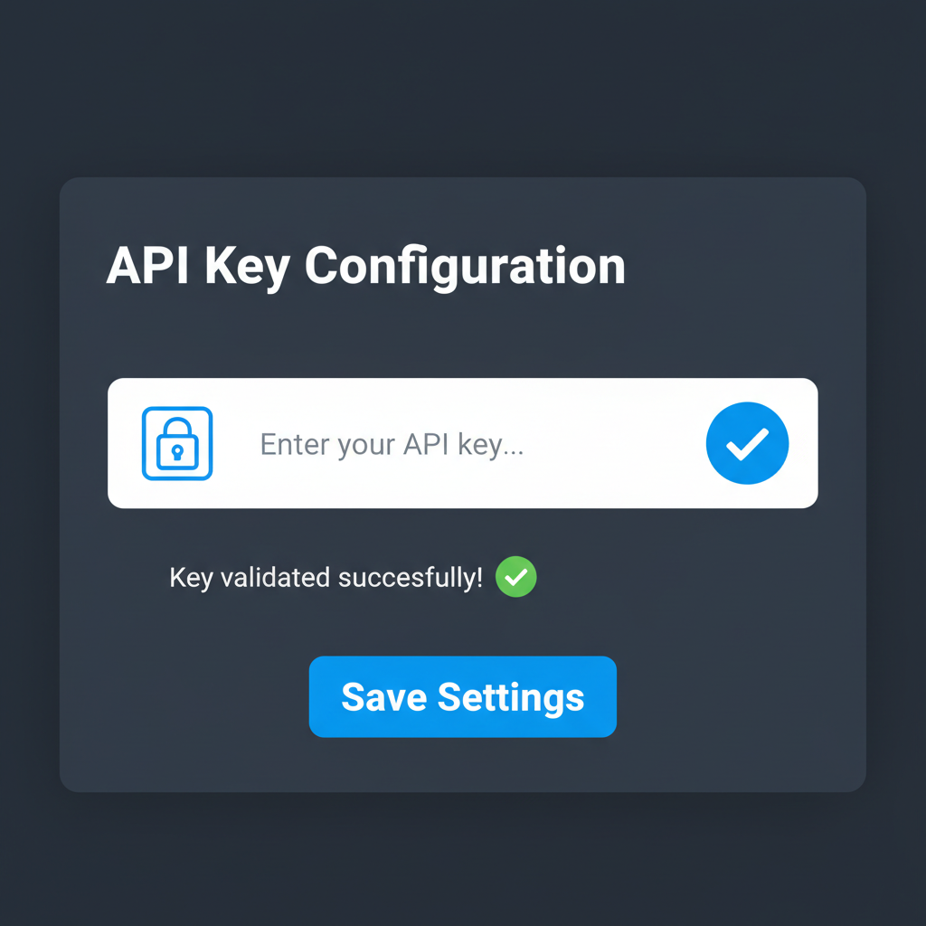 API key input form in plugin settings, secure lock icon, success checkmark, dark mode UI