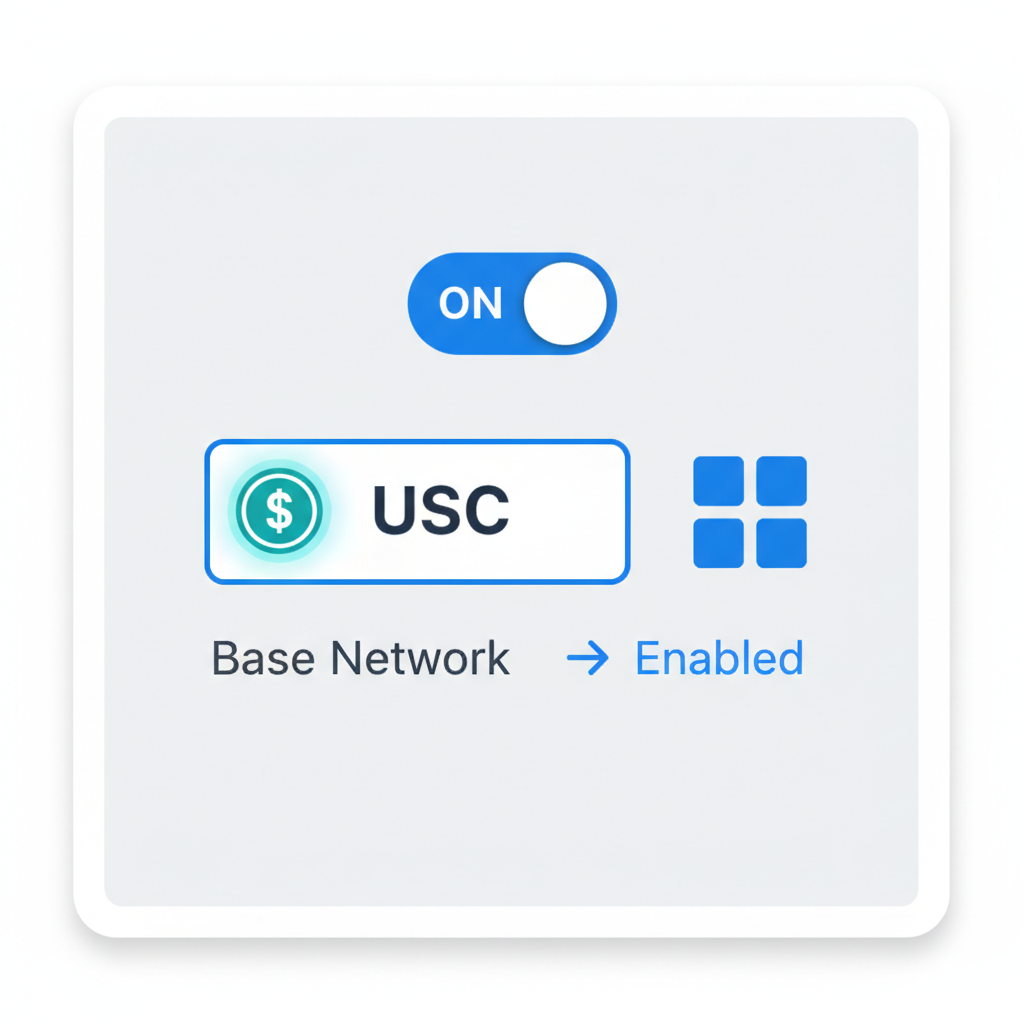 Plugin settings toggling USDC on Base network switch, Base logo, USDC coin icon glowing