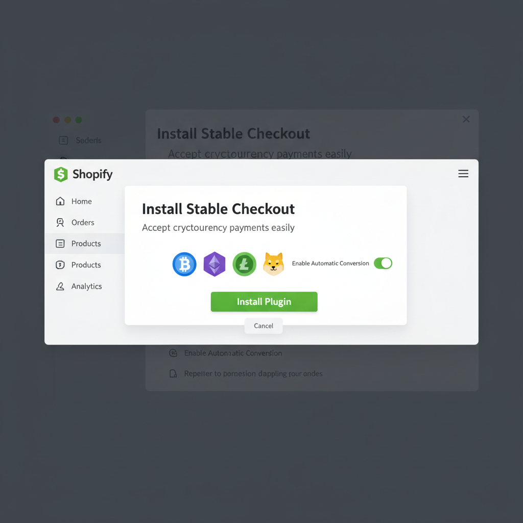 Shopify dashboard screen installing Stable Checkout plugin, modern UI, green install button, crypto icons