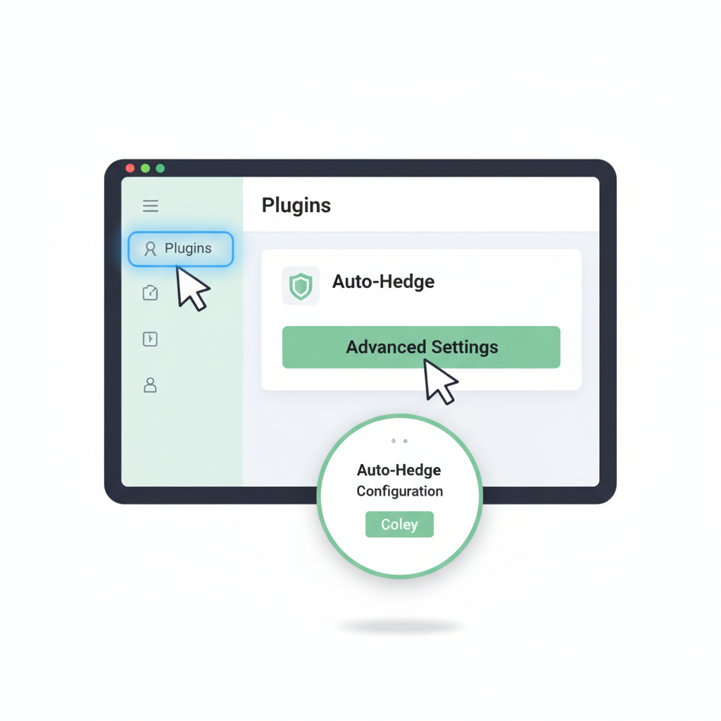 Plugin advanced settings with auto-hedge toggle and payout options, charts showing stable value
