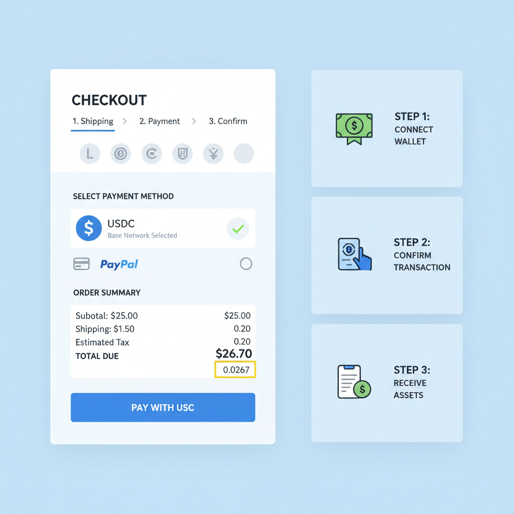 Checkout page with USDC payment option selected, Base network, $0.0267 amount highlighted