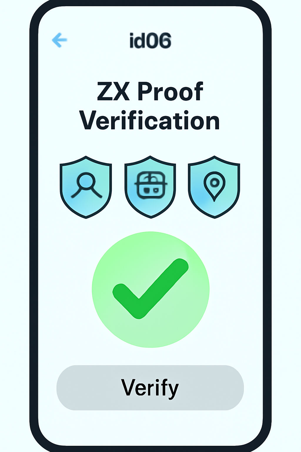/imagine zk proof verification screen in idOS app, shielded data icons, green checkmark glow