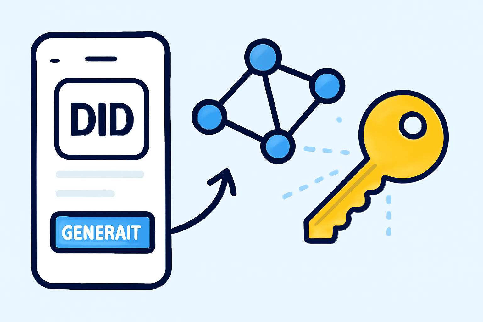 /imagine app interface generating DID, blockchain nodes connecting, ethereal digital key forming