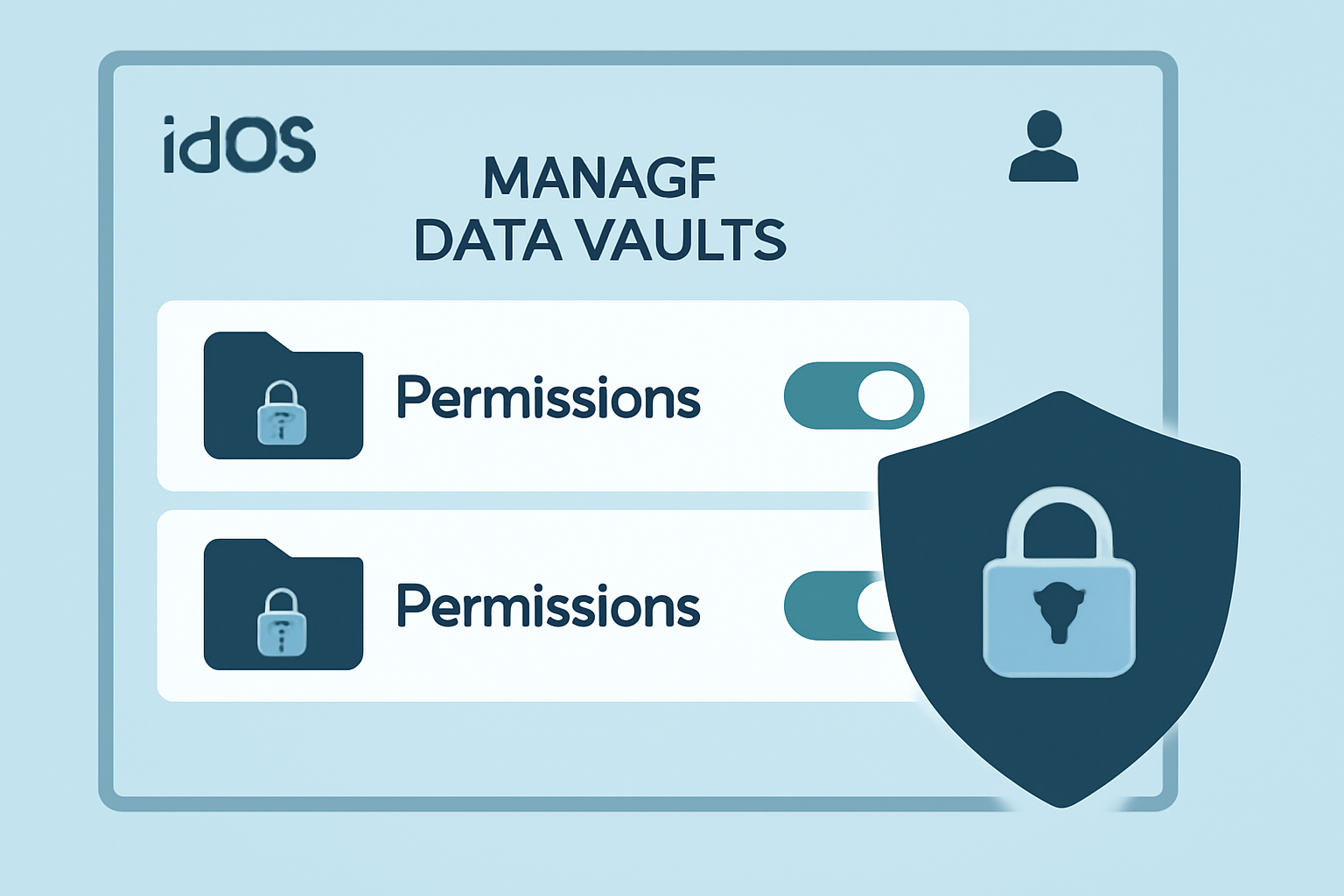 /imagine idOS dashboard managing data vaults permissions, folder locks sliders, cyber vault aesthetic