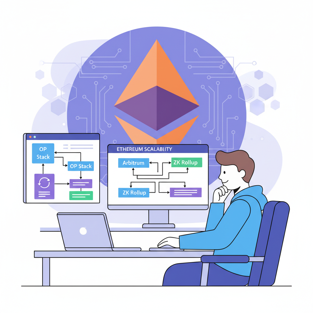 developer at desk analyzing OP Stack Arbitrum ZK rollup diagrams Ethereum logo background