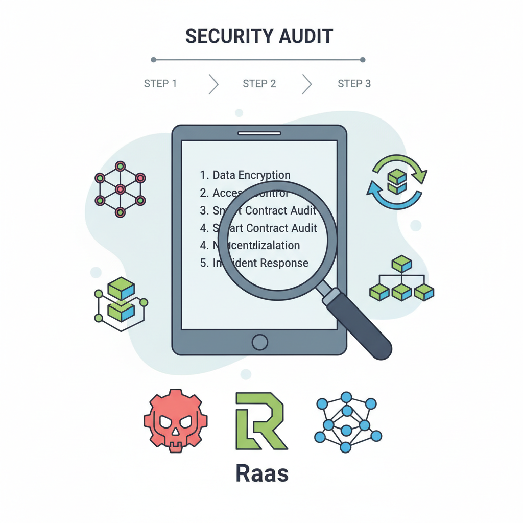 security audit checklist magnifying glass over RaaS provider logos decentralization icons