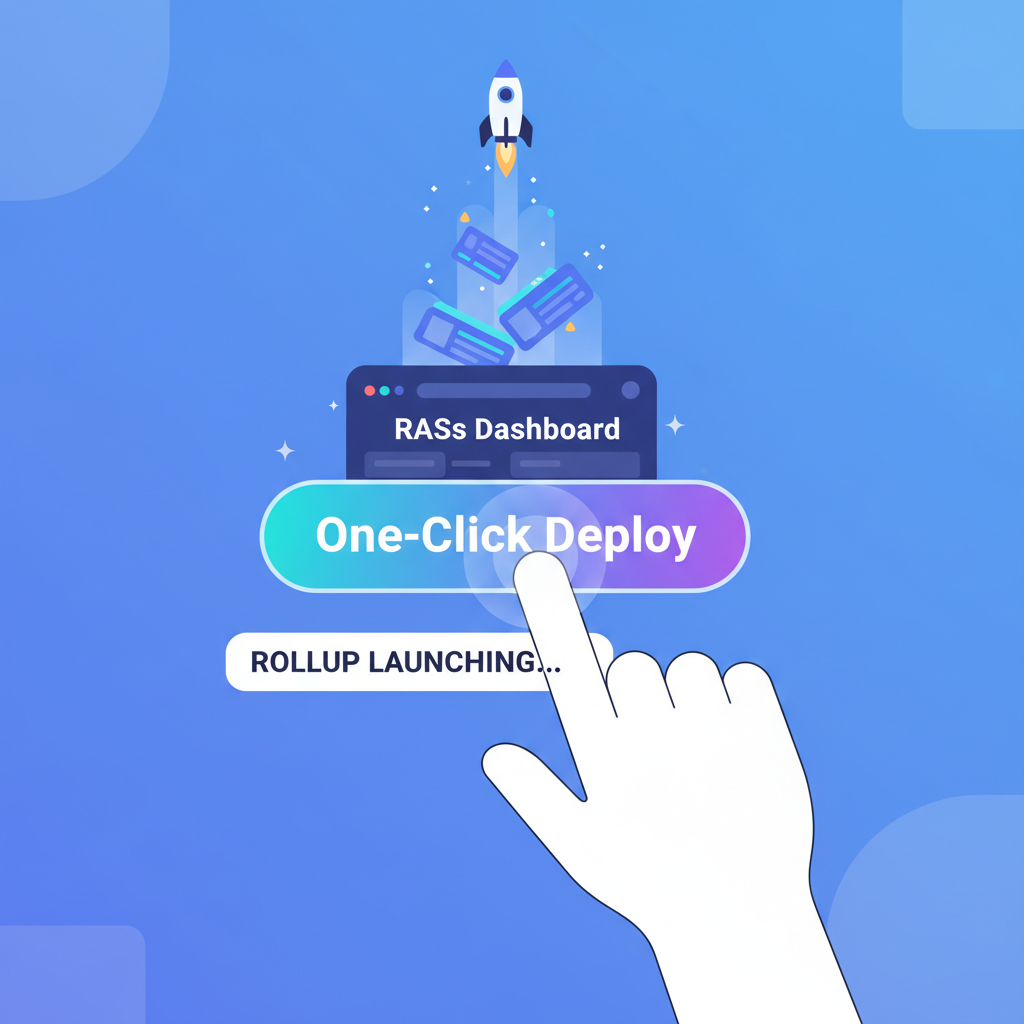 one-click deploy button glowing hand pressing RaaS dashboard rollup launching