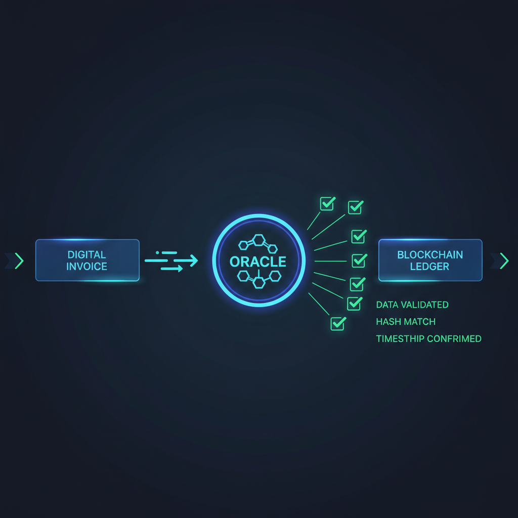 Blockchain oracle scanning and verifying digital invoice data, glowing verification checkmarks, futuristic tech interface