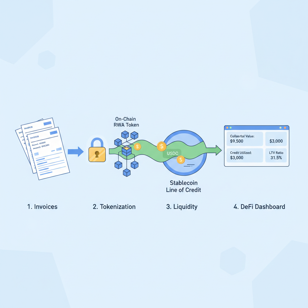 Invoices transforming into on-chain RWA tokens, stablecoin line of credit flowing, DeFi dashboard with collateral metrics