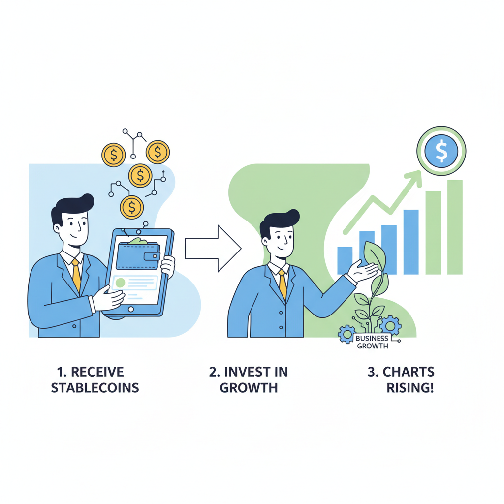 Entrepreneur receiving stablecoins and investing in business growth, charts rising, modern wallet interface