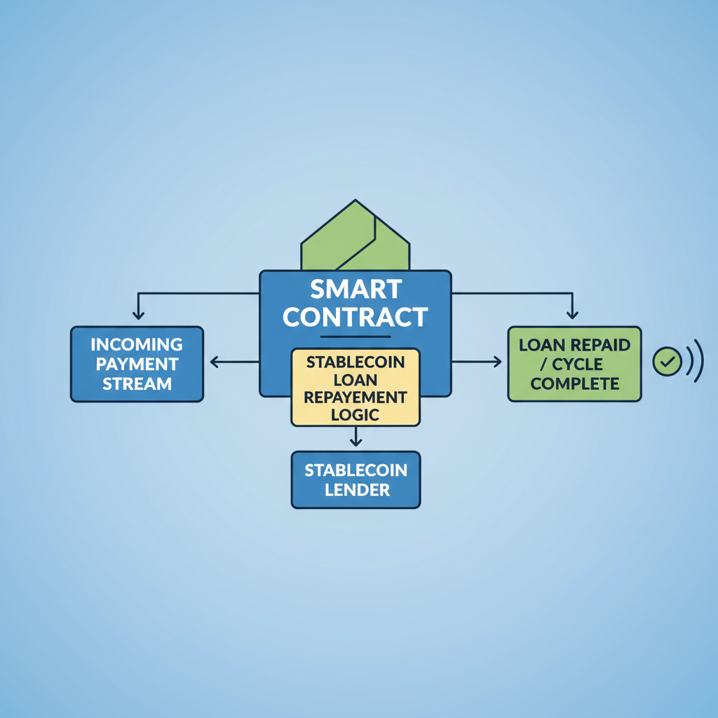 Smart contract automatically repaying stablecoin loan from incoming payment stream, cycle completing, blockchain visualization