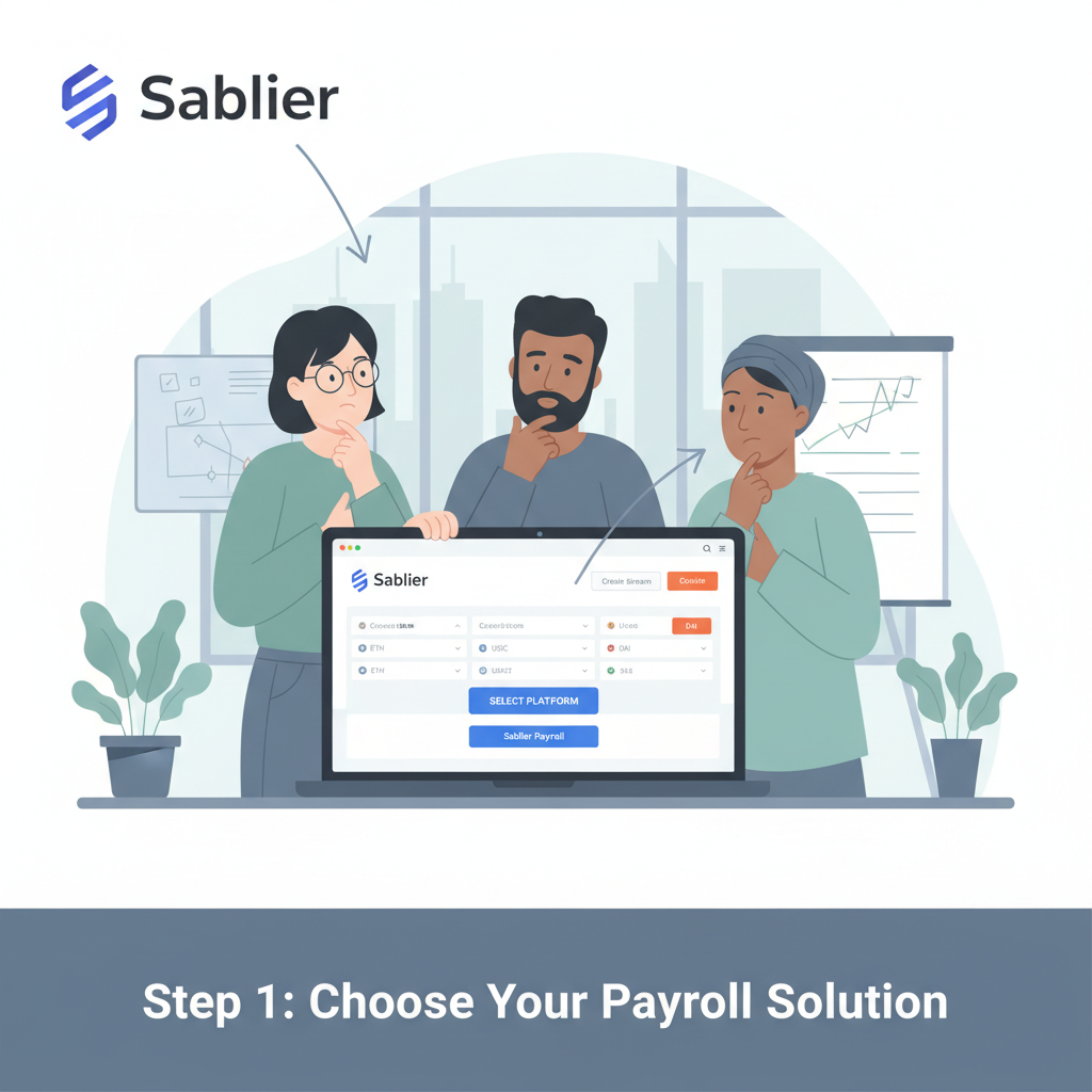DAO team thoughtfully selecting Sablier payroll platform on laptop screen, modern web3 interface, professional atmosphere