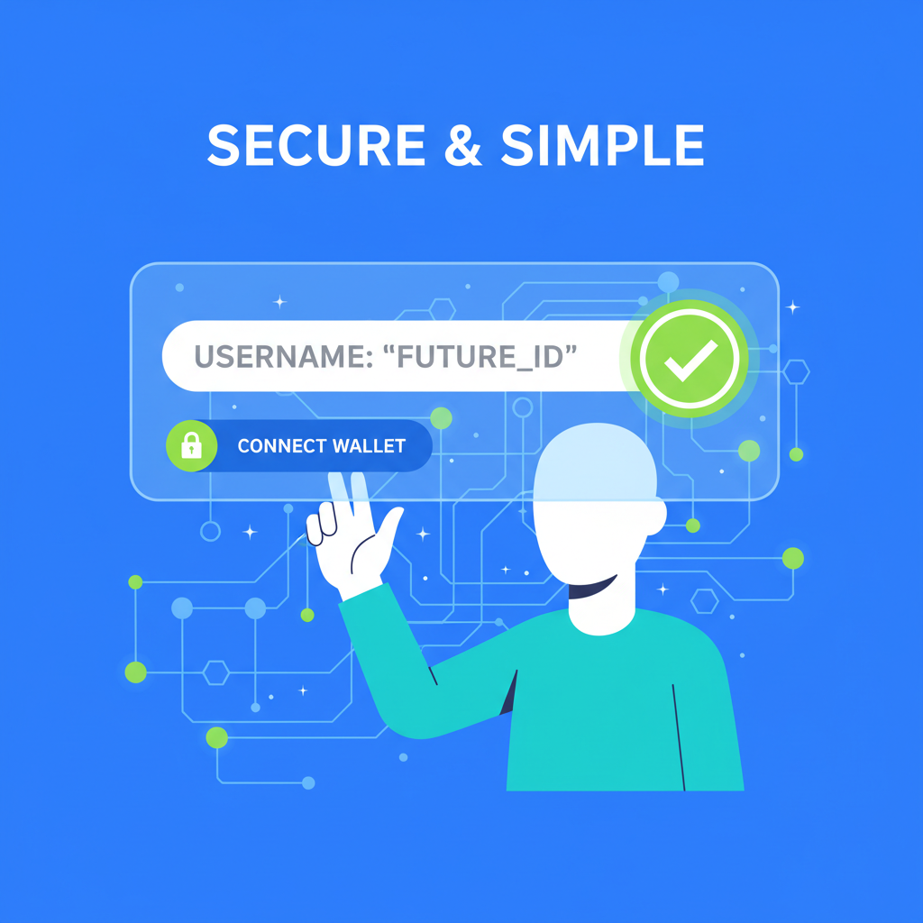 User registering blockchain username with verification checkmark, futuristic on-chain interface, secure and simple