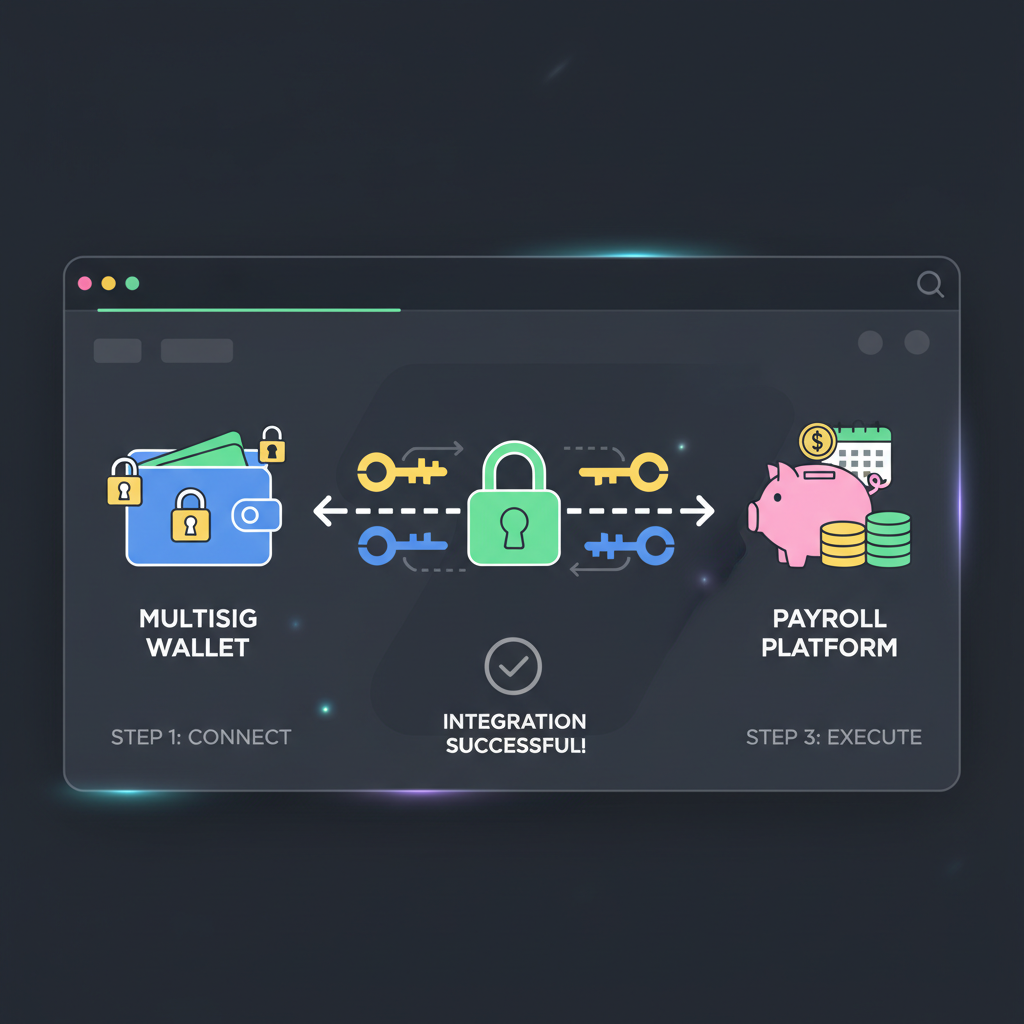 Integrating multisig wallet with payroll platform, icons of locks and keys connecting, web3 dashboard view