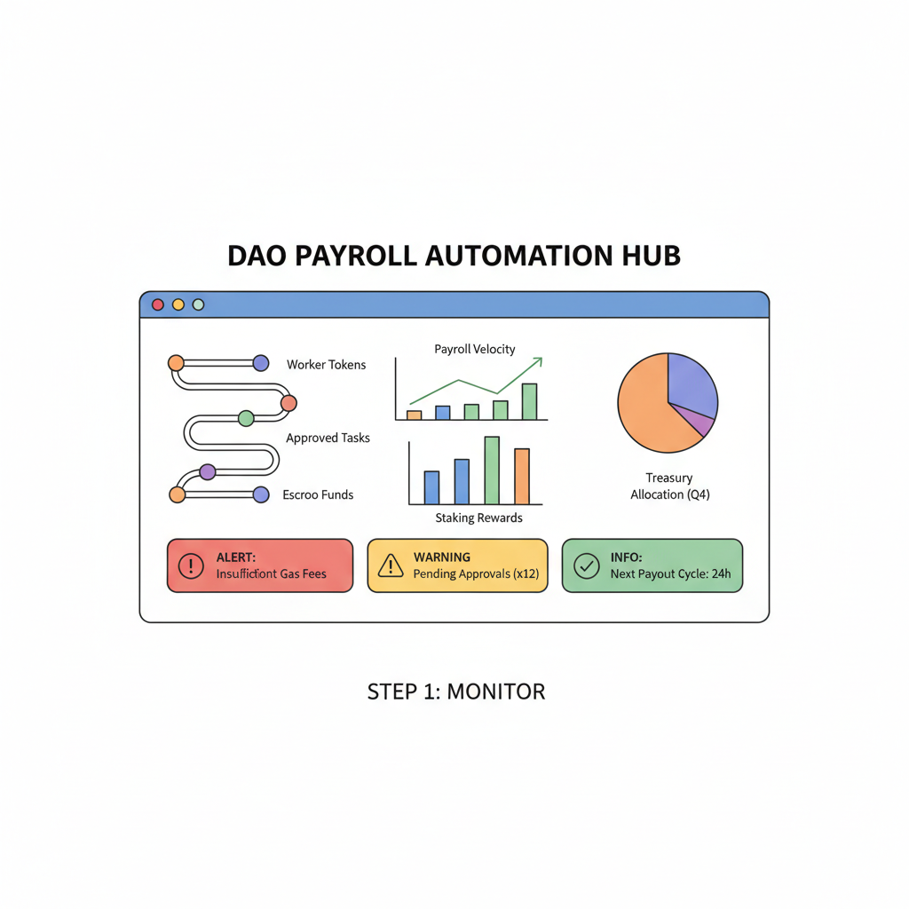 Automated payroll dashboard monitoring streams, graphs and alerts, efficient DAO operations center