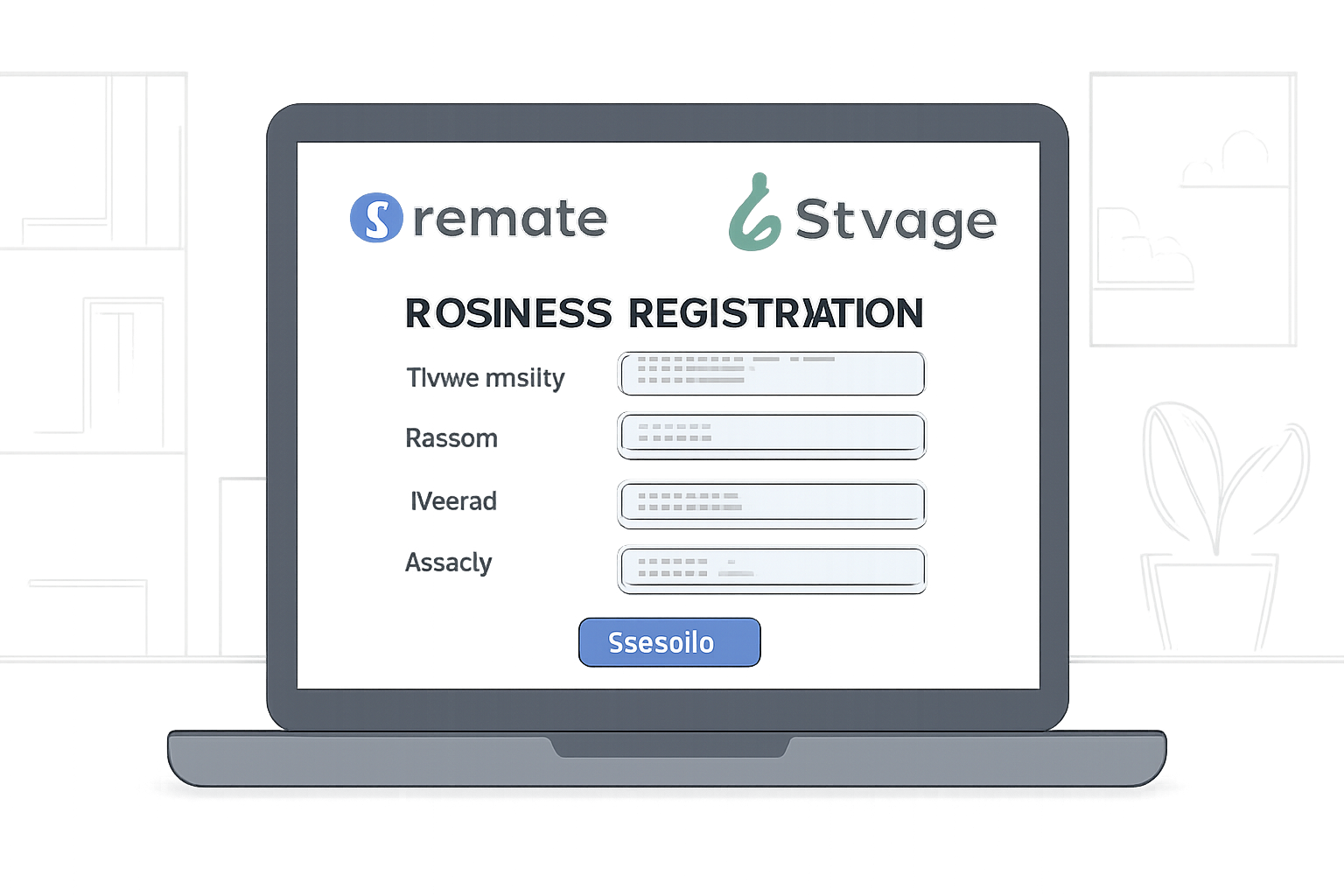 A laptop displaying the Remote and Bitwage logos, with a business registration form on the screen, professional office background