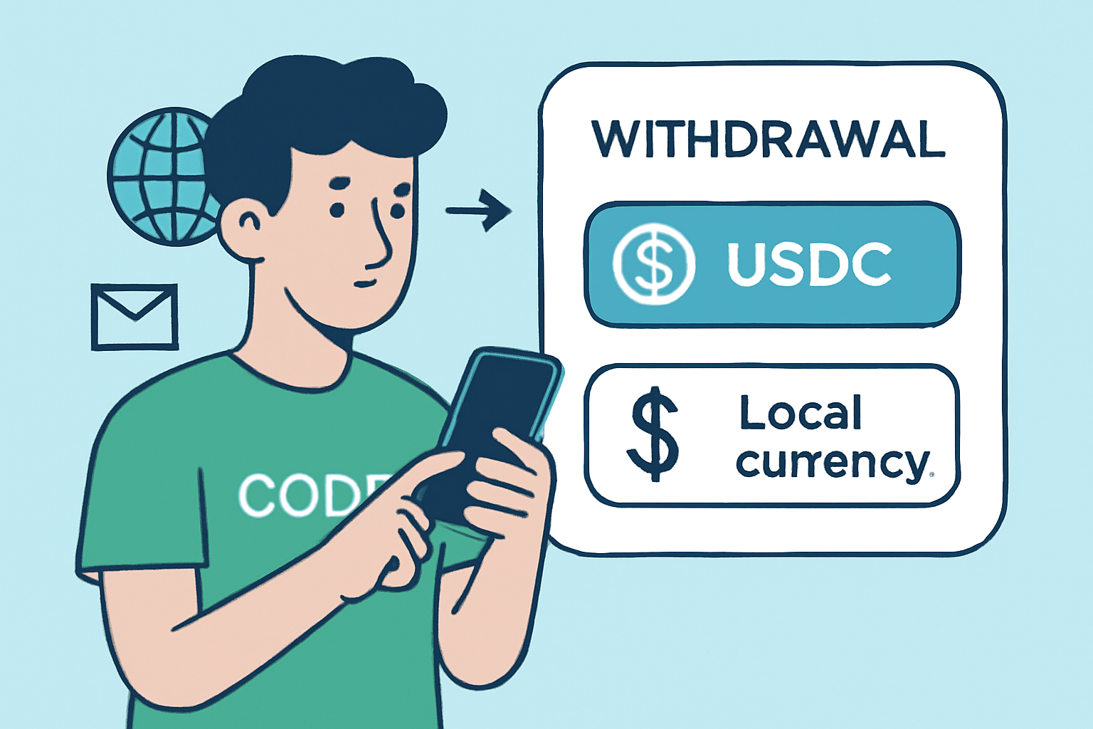 A developer holding a smartphone, choosing between USDC and local currency withdrawal options, with global icons in the background