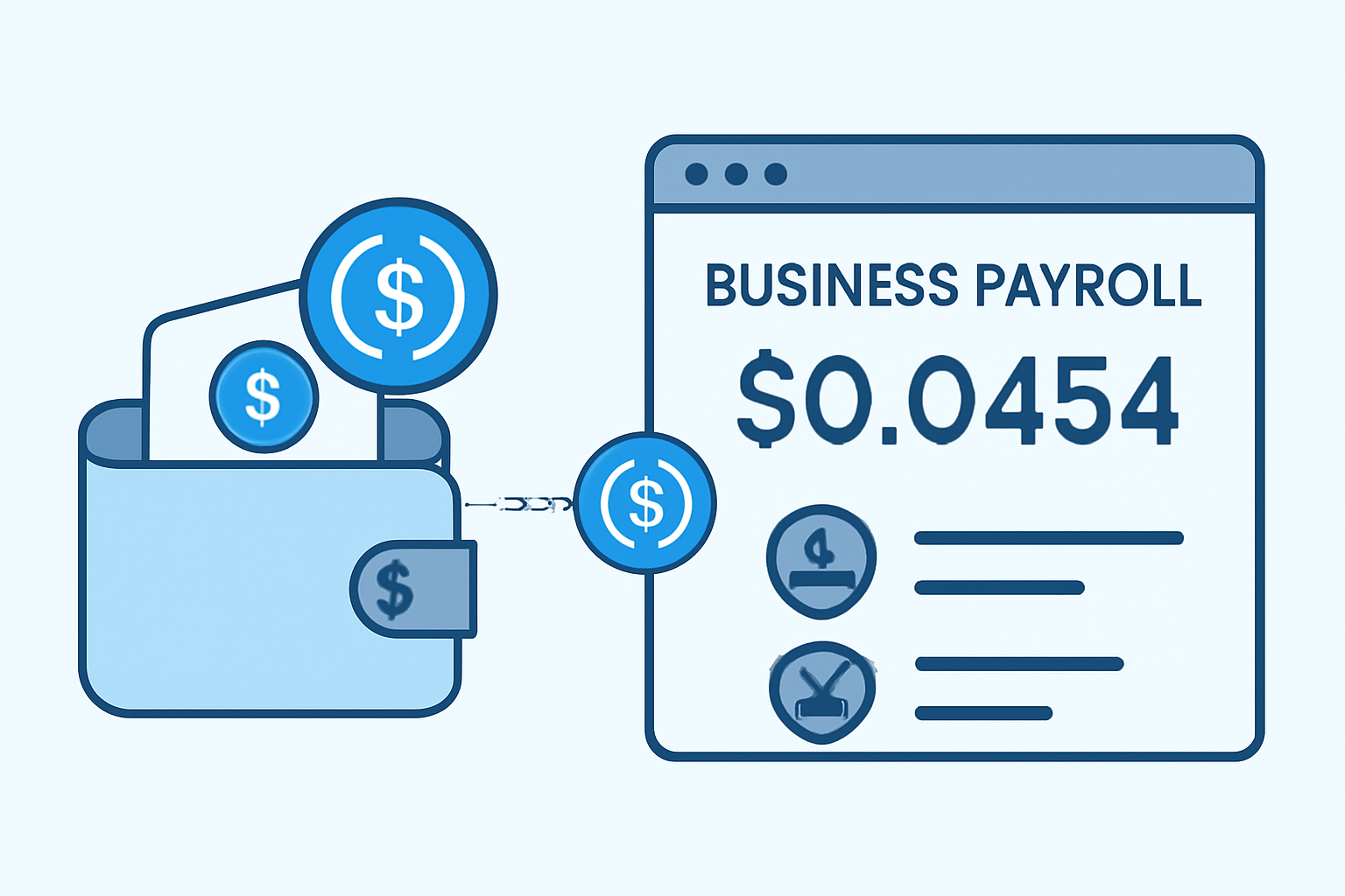 A digital wallet transferring USDC tokens into a business payroll dashboard, with a clear display of the $0.0454 price tag