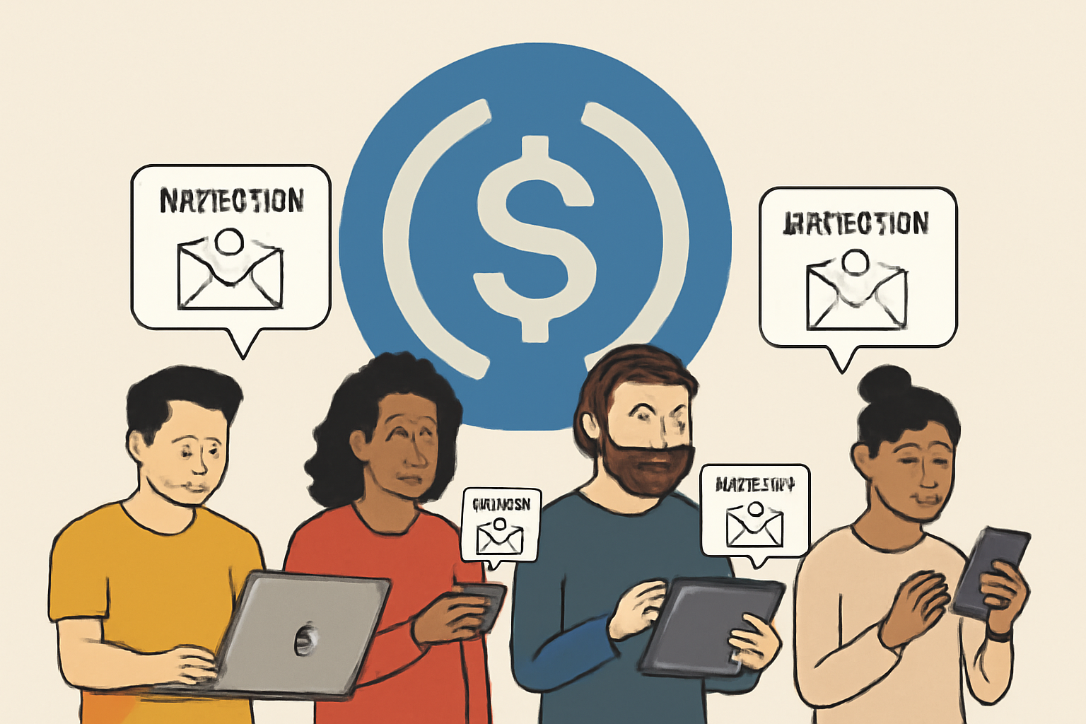 A diverse group of developers receiving digital invitations on their devices, with a USDC coin symbol in the background