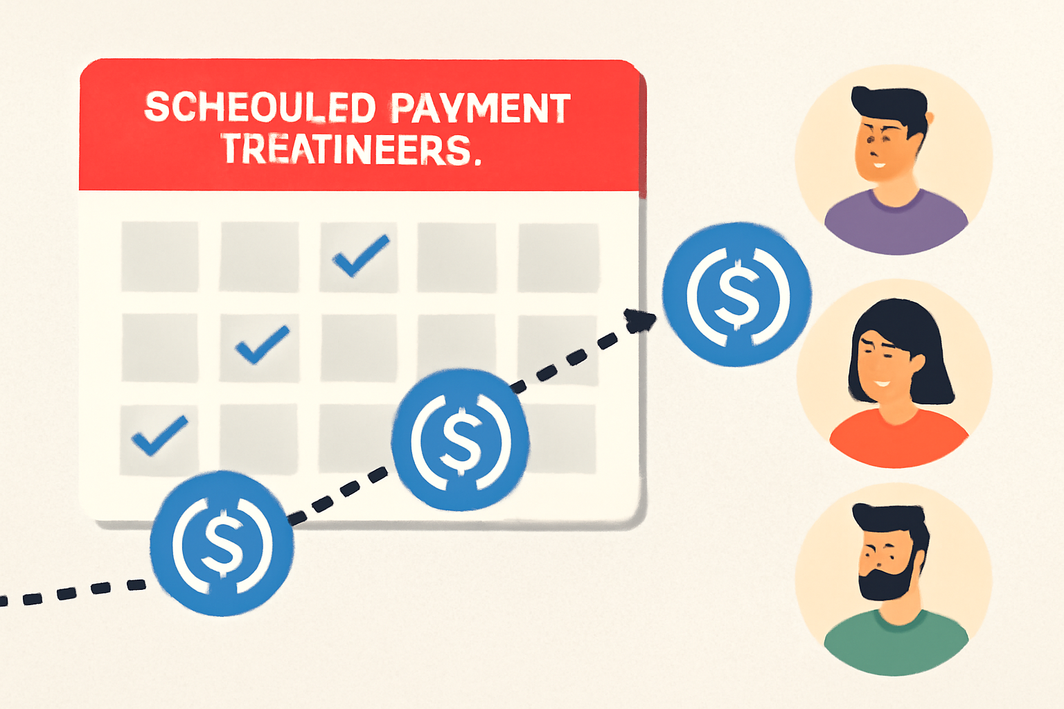 A calendar with scheduled payment reminders, USDC coins moving along a timeline toward developer avatars