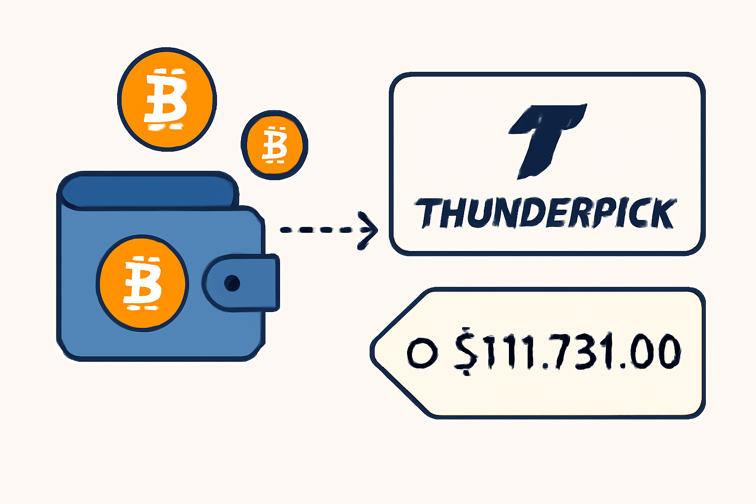 A digital wallet sending Bitcoin to a Thunderpick deposit address, with BTC icons and a price tag of $111,731.00.
