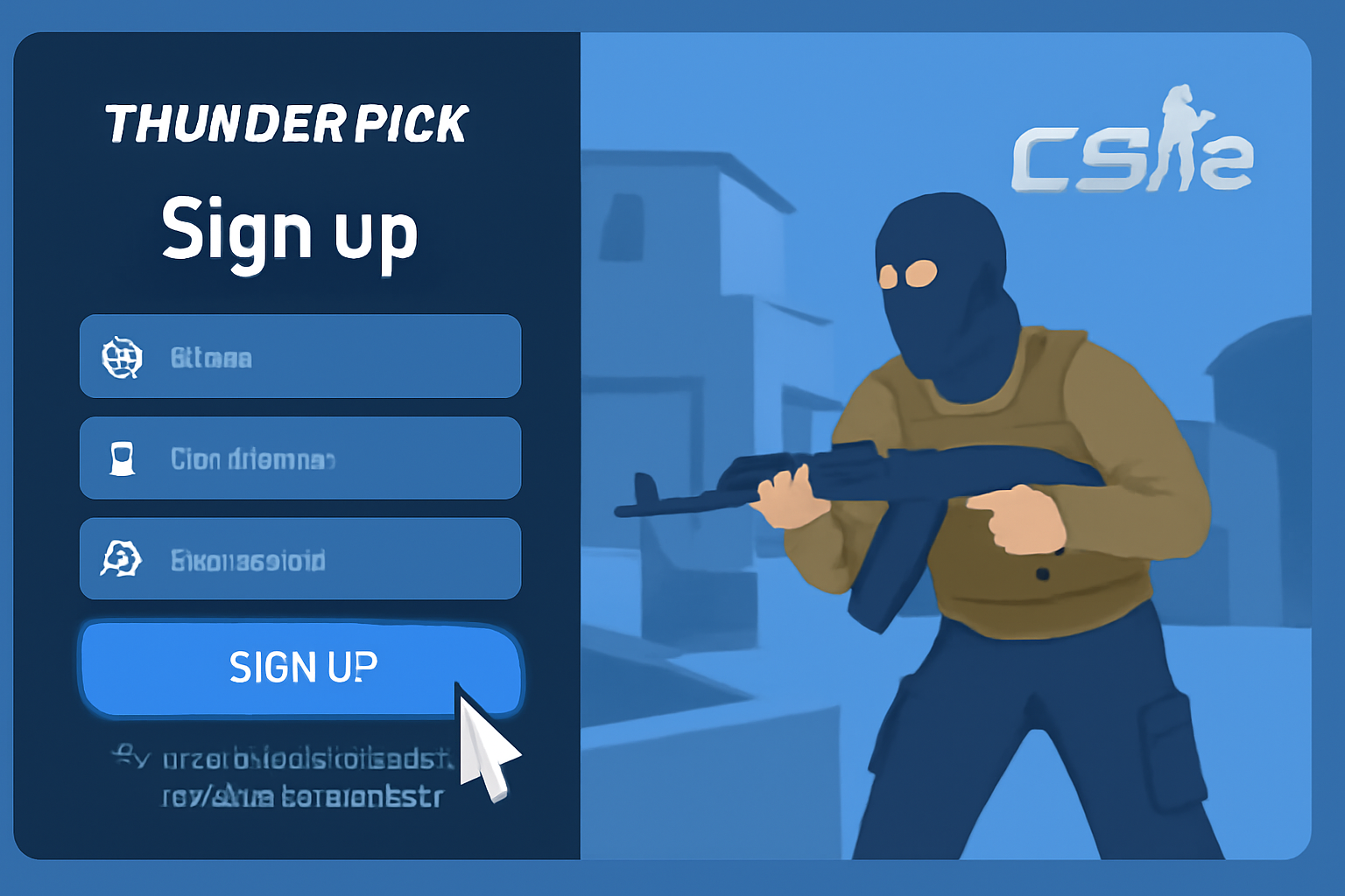 A dynamic screenshot-style illustration of a user registering on Thunderpick esports betting site, showing a sign-up form and CS2 graphics.
