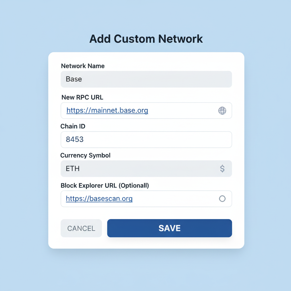 wallet interface adding base network rpc, clean ui screenshot style