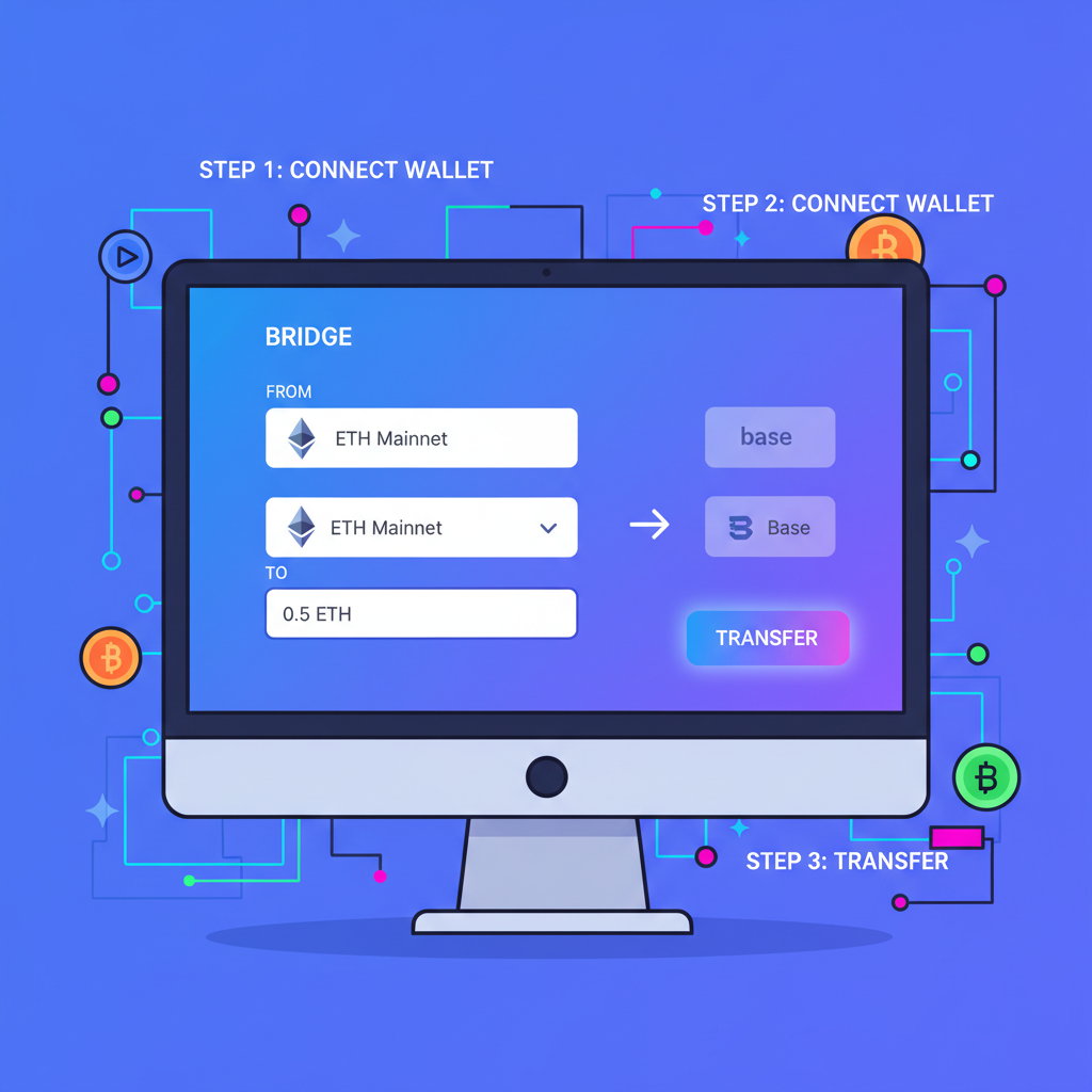 bridge.base.org interface showing eth transfer to base chain, vibrant crypto graphic