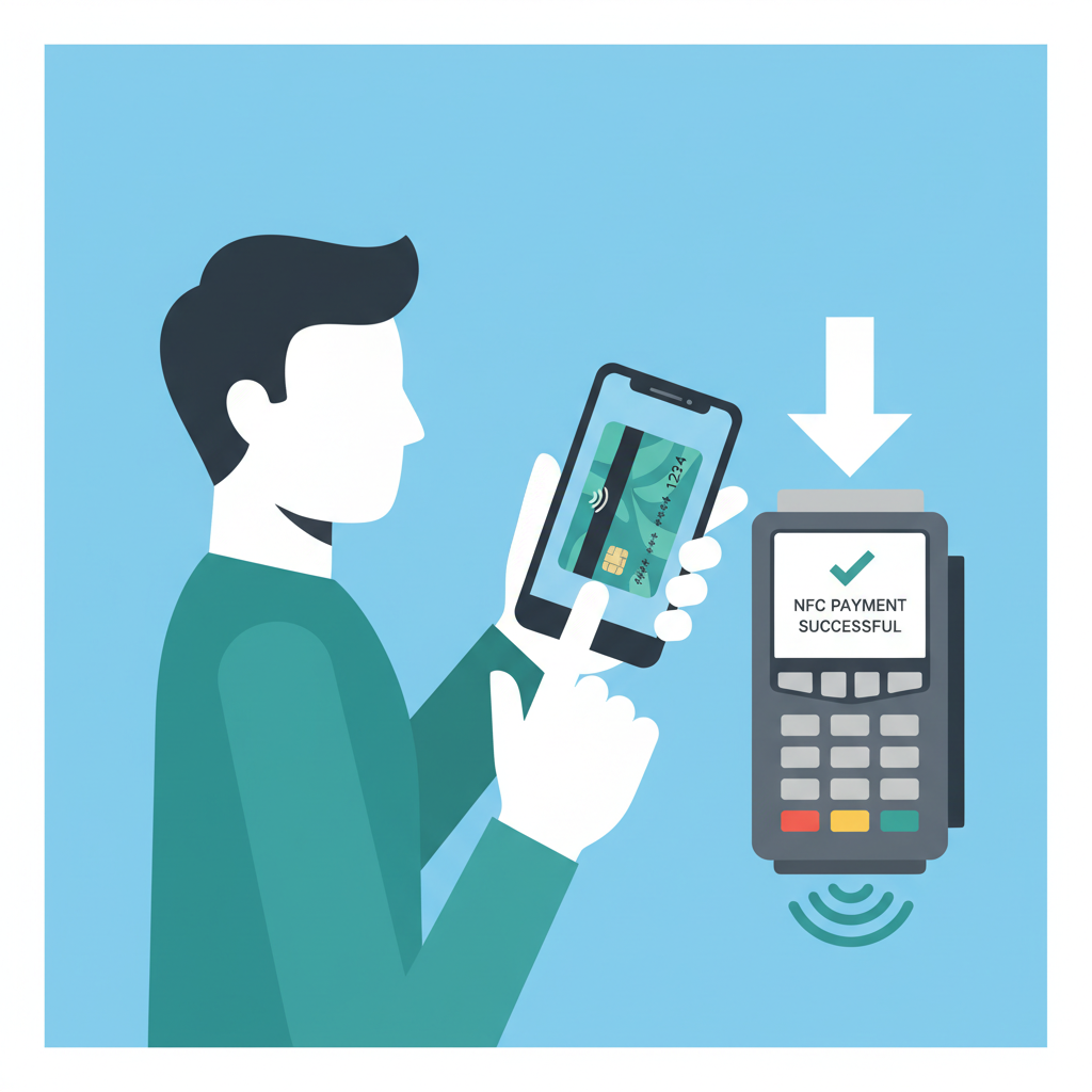 person tapping phone at POS terminal with virtual card, anonymous silhouette