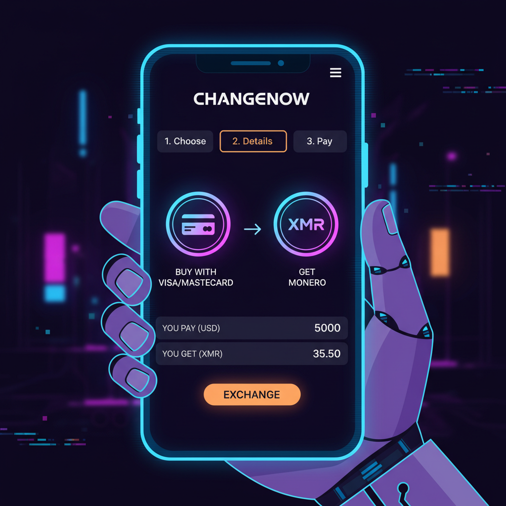 neon phone screen showing ChangeNOW app buying XMR with credit card, cyberpunk style