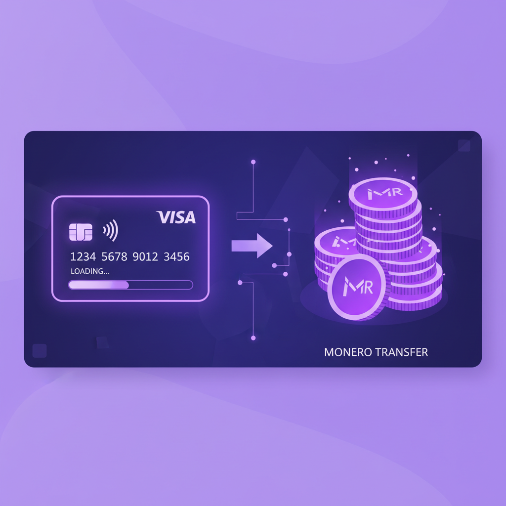 virtual Visa card loading with Monero coins, glowing purple hues