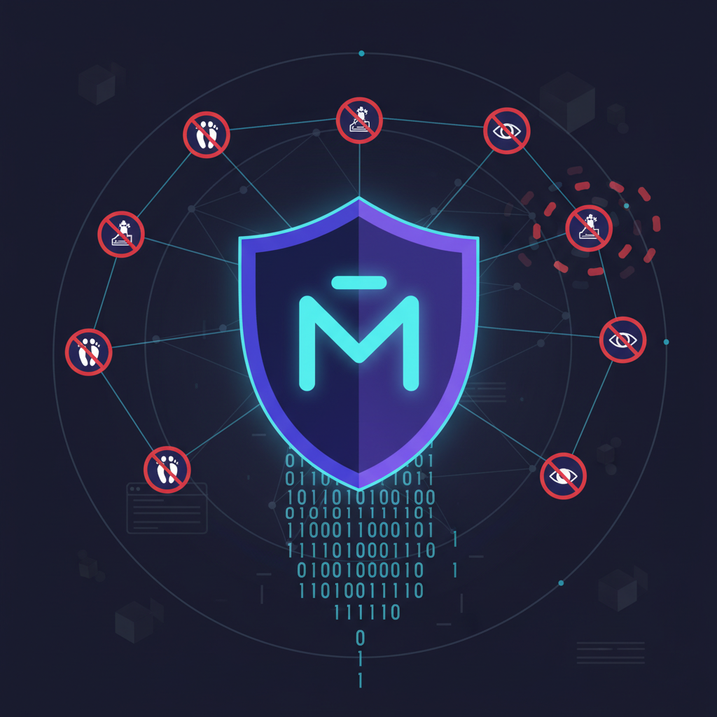shield icon blocking trackers, Monero logo, stealth cyber aesthetic