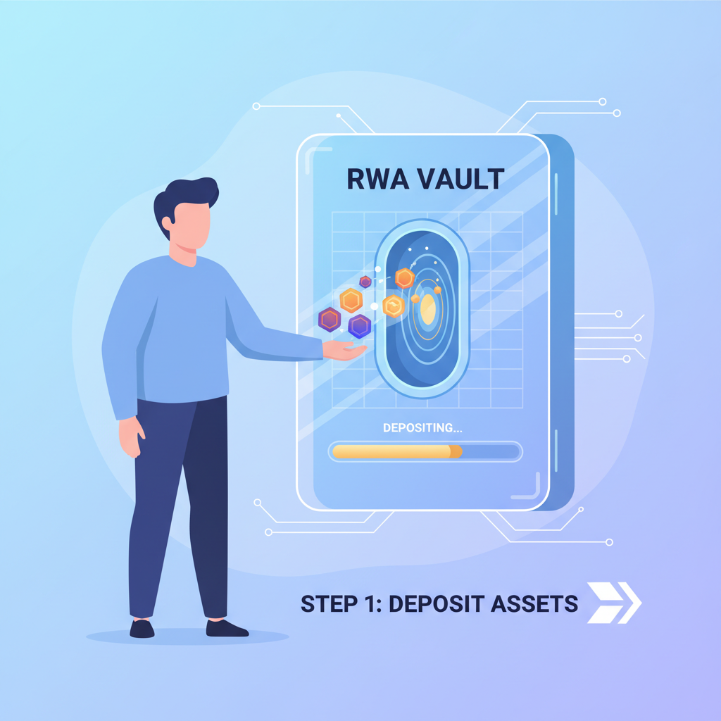 user depositing glowing RWA tokens into vault interface