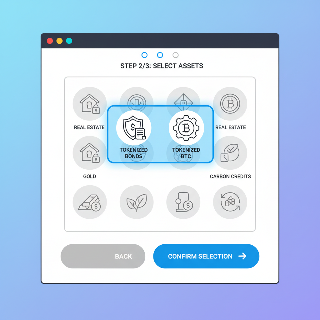 DeFi interface selecting RWA asset icons like tokenized bonds BTC