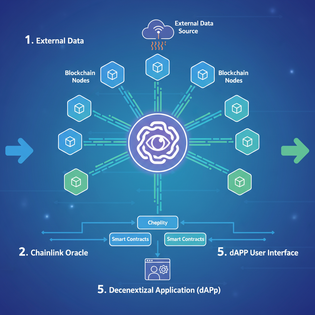 chainlink oracle integration with blockchain nodes, futuristic data flow diagram