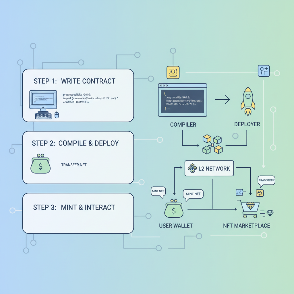 deploying ERC-4973 NFT smart contract on L2 blockchain, code and network visualization