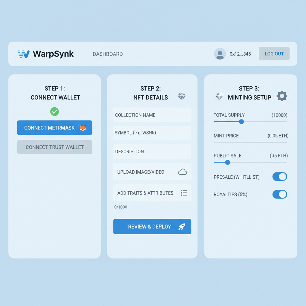 WarpSynk dashboard interface for NFT minting configuration, modern UI screenshot style