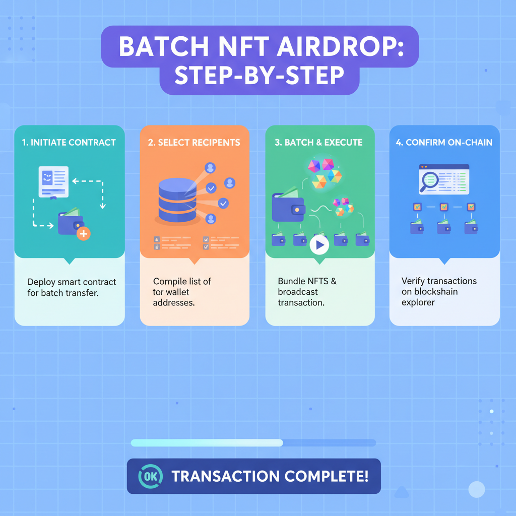batch NFT airdrop execution on blockchain explorer, transaction flow animation