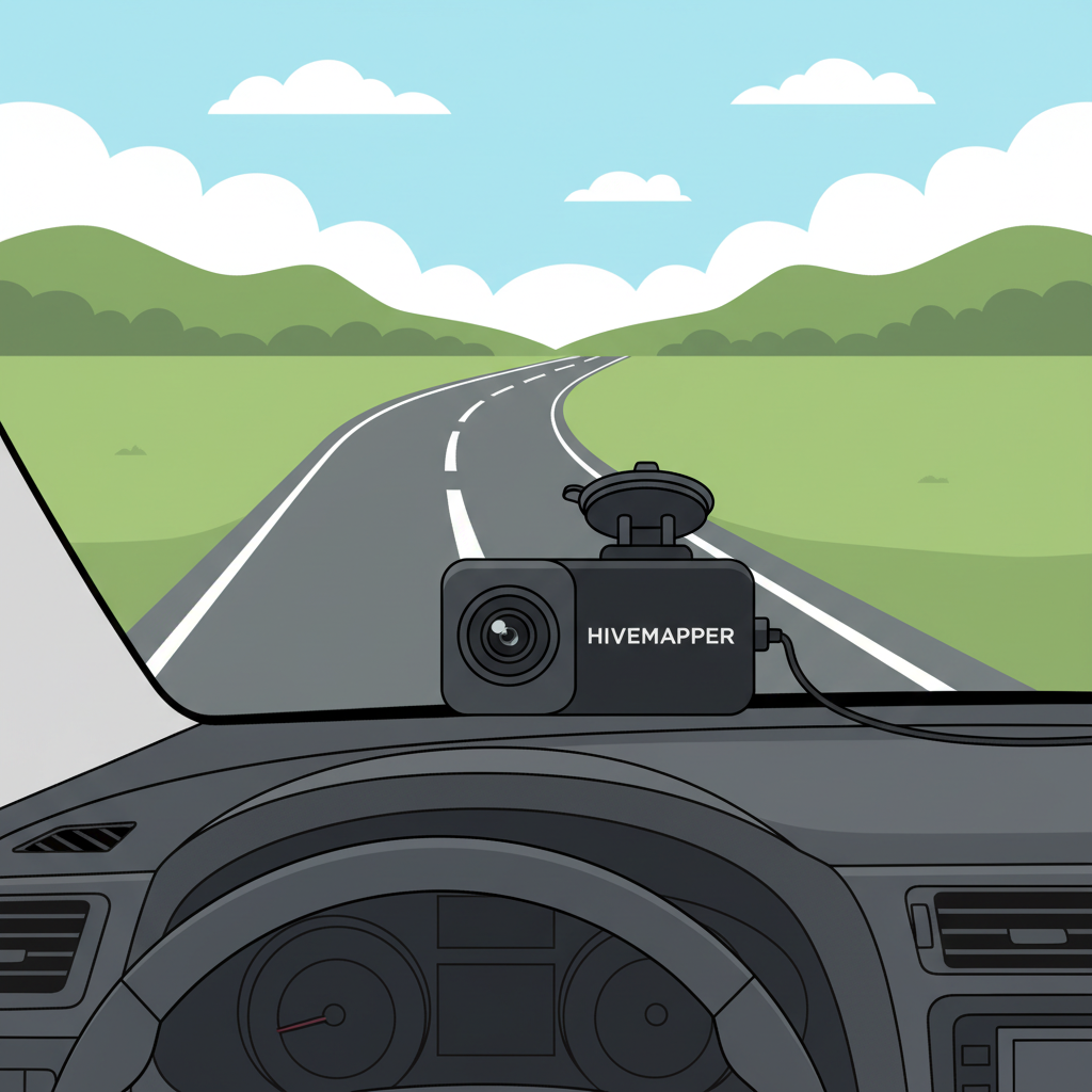 Hivemapper dashcam device on car dashboard, sleek black camera with mount, driving scene background