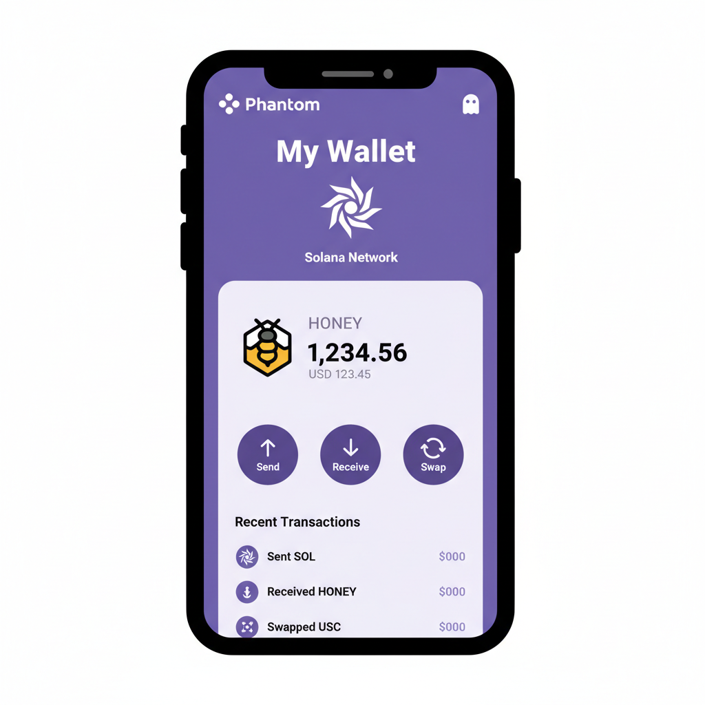 Phantom wallet screen showing HONEY tokens balance, Solana blockchain