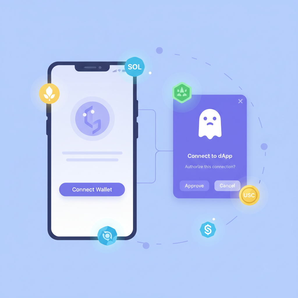 mobile app connecting to Phantom Solana wallet interface, crypto icons glowing