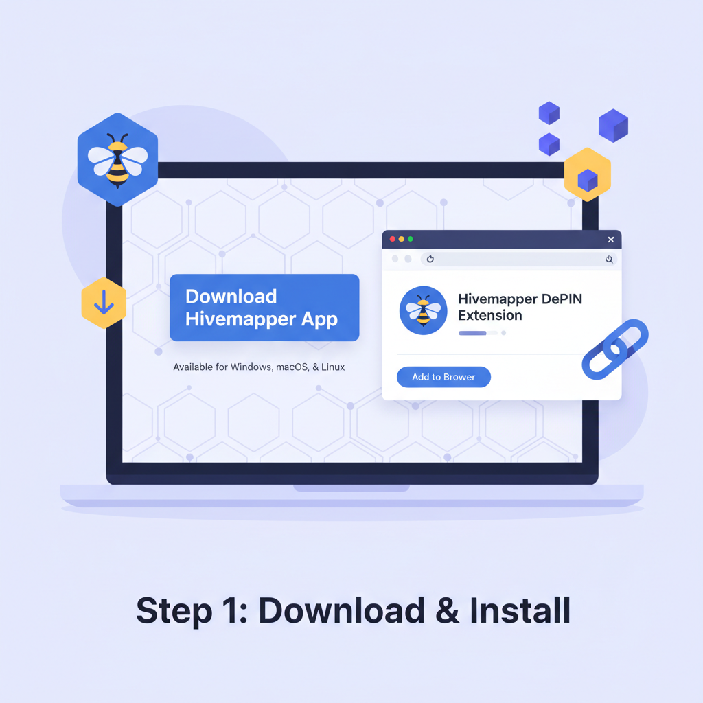 laptop screen with Hivemapper app download, browser extension icon, Solana DePIN theme