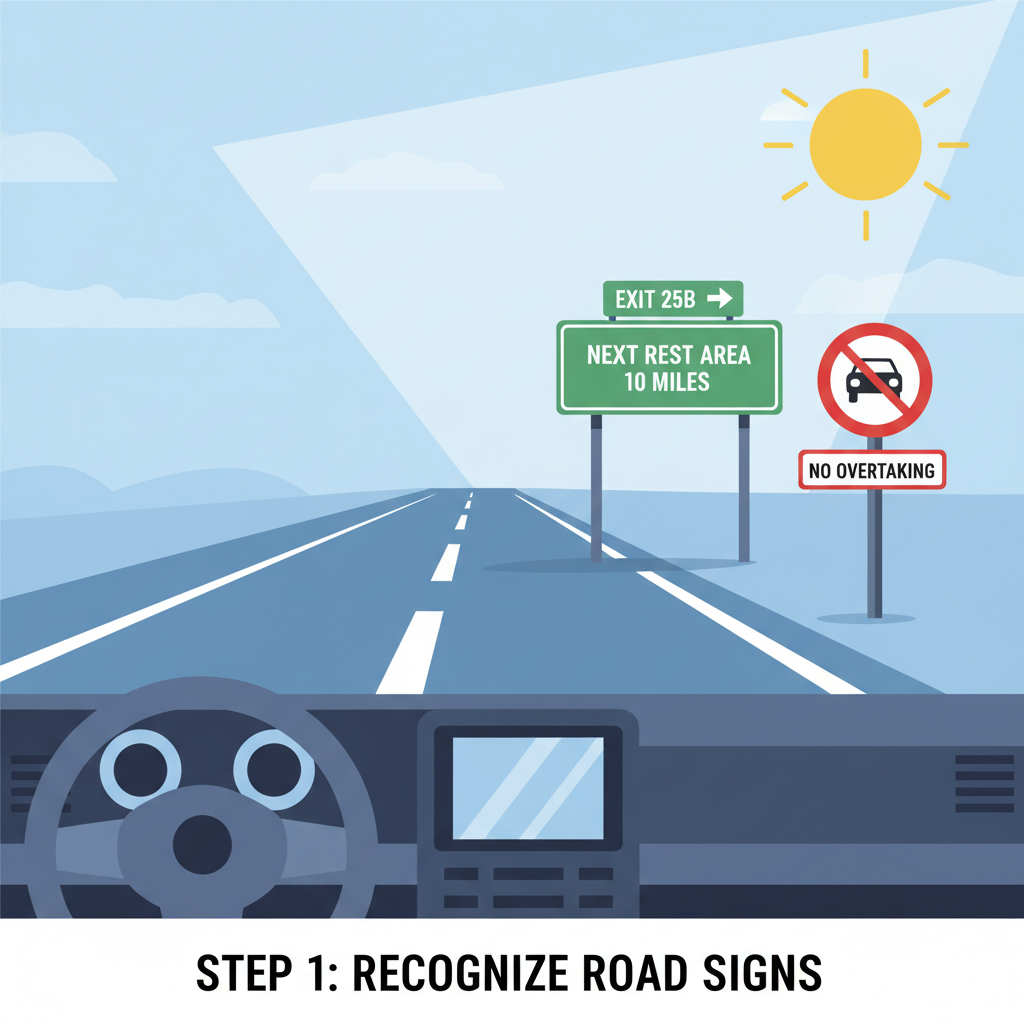 car driving highway, dashcam POV capturing street signs, sunny day