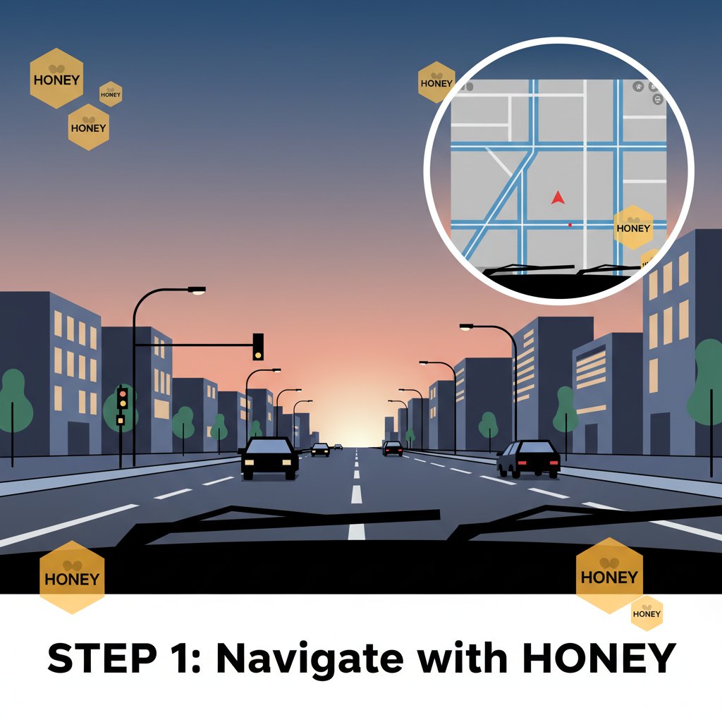 car driving on city street at dusk, dashcam view inset showing street mapping, HONEY tokens floating